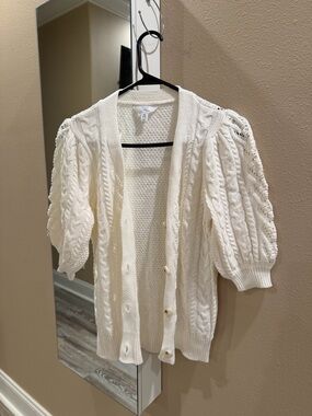 Time and Tru Ivory Cable-Knit Puff Sleeve Cardigan